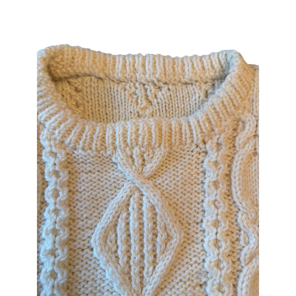 Sweater Ivory Hand Knit Fisherman Aran Cable Knit Wool Blend Crew Neck - Picture 2 of 4
